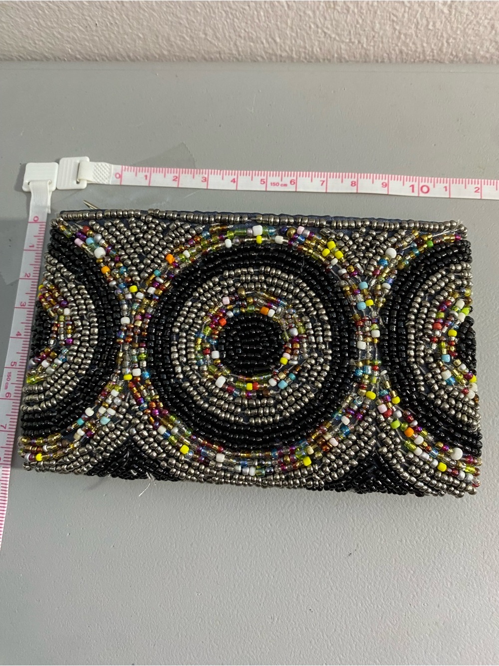 Beaded Black Multi-Color Circular Pattern Clutch Wallet